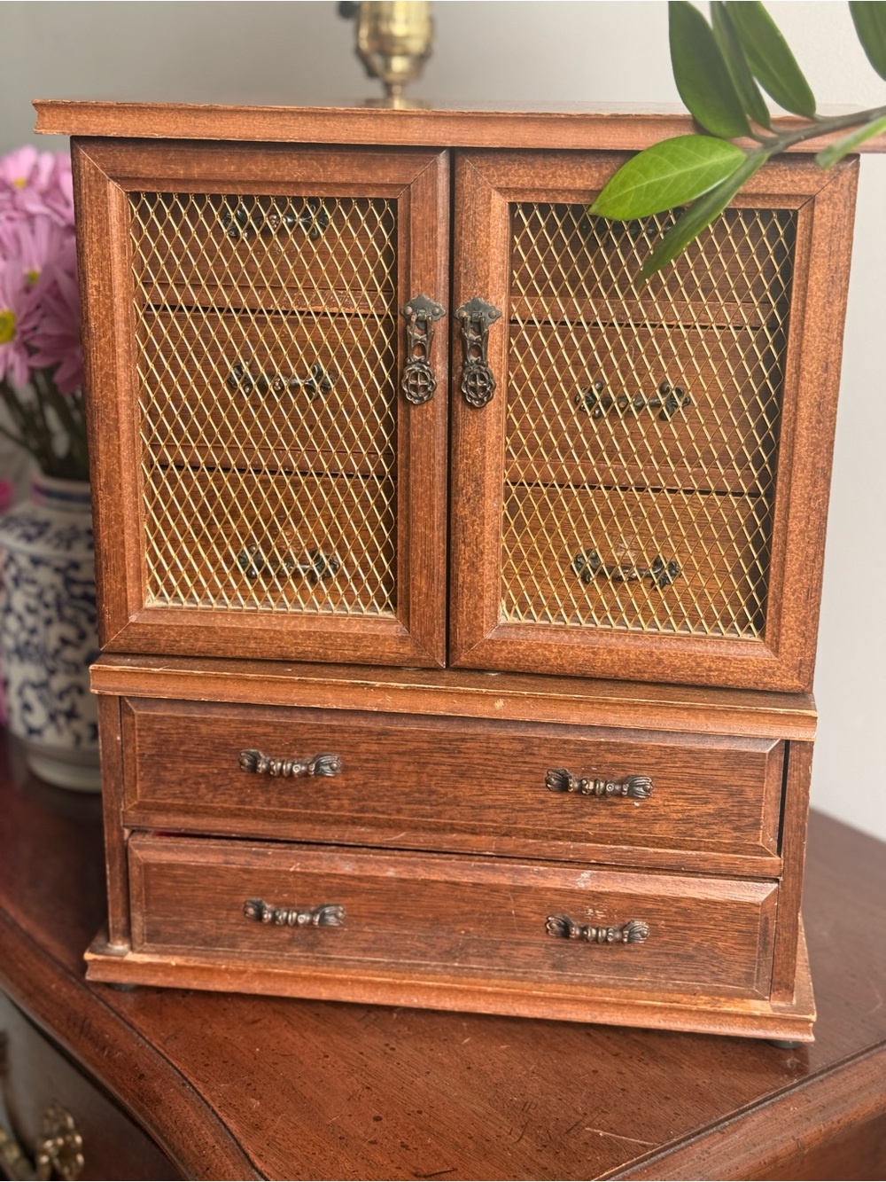 Wooden Jewelry Cabinet with Brass Mesh Doors - Brown